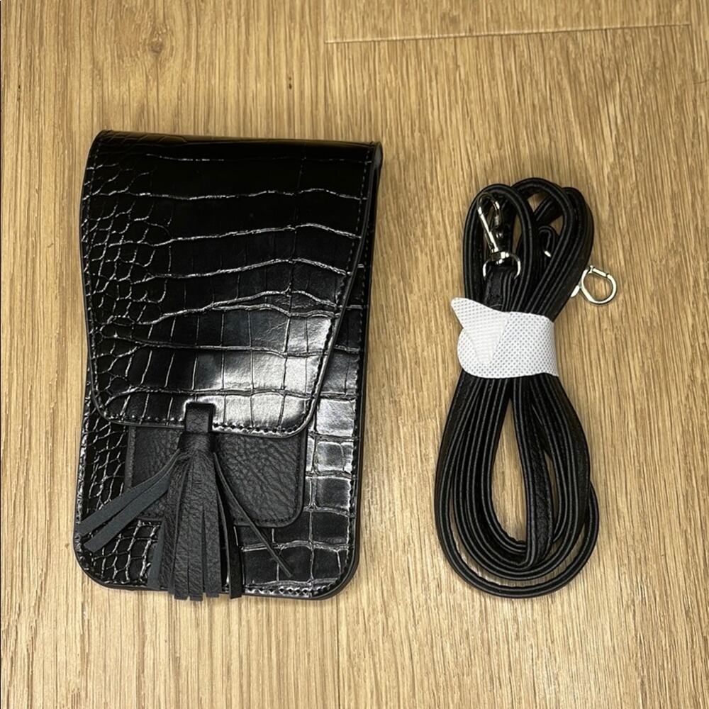 K. CARROLL Black Croc Embossed Small Foldover Crossbody Bag